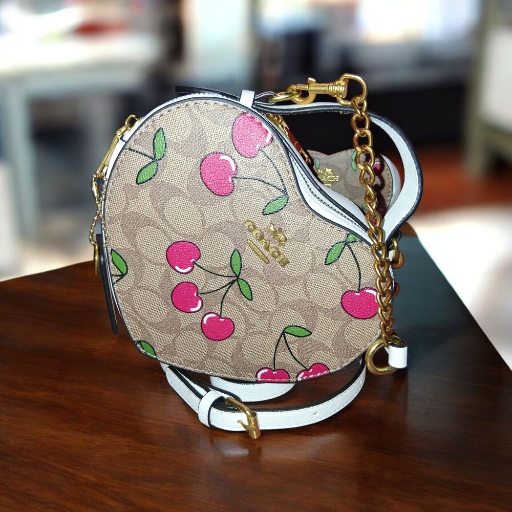 Coach Cherry Print Heart Bag - Brown and Red